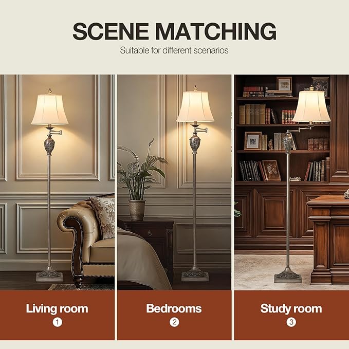 Traditional LED Floor Lamp with 350° Adjustable Swing Arm Lamp – Vintage Standing Pole lamp for Living Room, Bedroom and Office – Rustic Upright Floor Light for Home Décor with Silk Fabric Shade