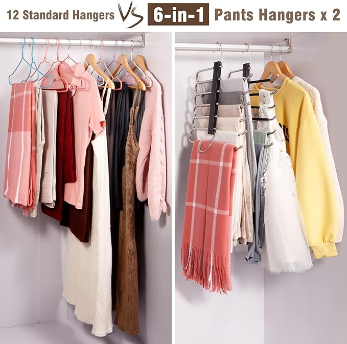 4 Pack 6-Tier Space Saving Pant Hangers, Anti-Slip, Lightweight, Stainless Steel, Black, 6 Pairs Jeans Hangers