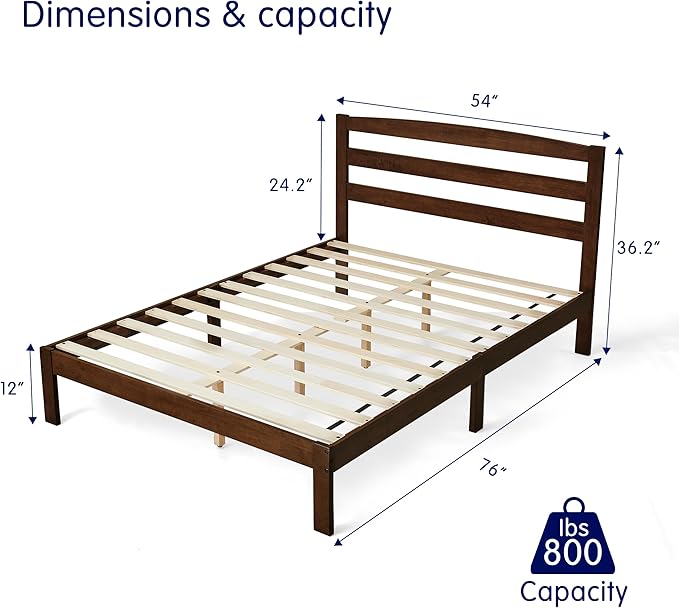 Hokway Wood Full Bed Frame with Headboard-No Wobble,Noise-Free,Easy Assembly with Precise Holes,12 in Reinforced Center Legs,No Box Spring Needed,Walnut