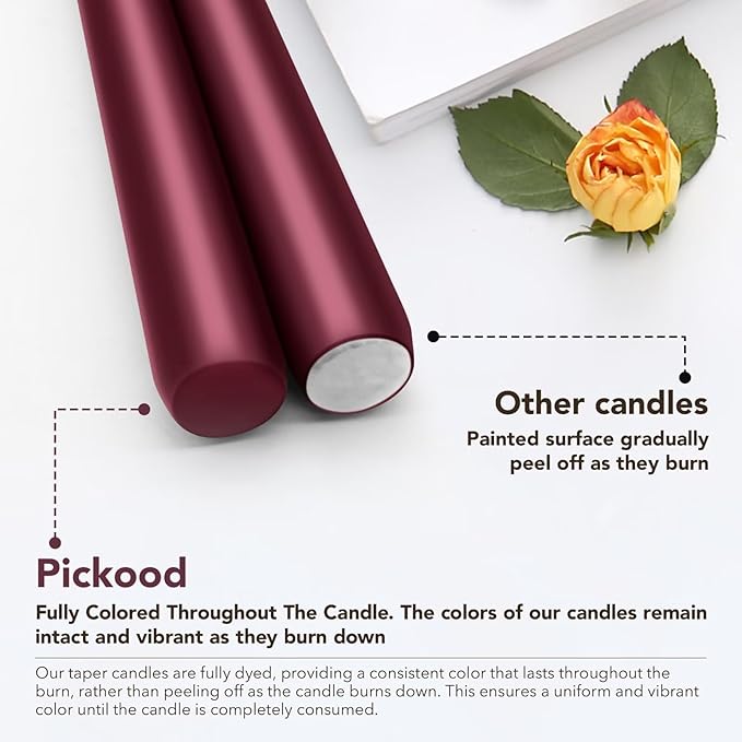 New Burning Formula Unscented Dripless 10-Inch Taper Candles Set of 12 - Burgundy, for Wedding, Dinner - Smokeless, Long Burning - Hand Poured, Colored Tall Candlesticks - Burdeos