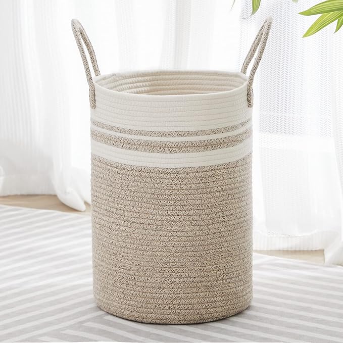 VIPOSCO Tall Laundry Hamper, Woven Rope Storage Basket for Blanket, Toys, Dirty Clothes in Living Room, Bathroom, Bedroom - 30L Brown & White