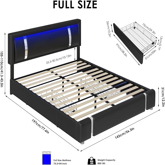 Full Size Bed Frame with RGB LED Lights Headboard & 2 Storage Drawers, Modern Upholstered Faux Leather Smart Platform Bed with Iron Metal Decor, USB & USB-C Charging Ports, No Box Spring Needed, Black