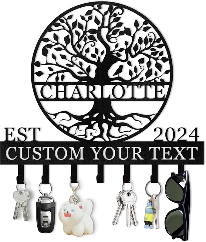 Personalized Metal Key Holder Wall Mount, Custom Name Tree of Life Key Holder for Wall, Key Organizer Rack with Hooks, Home Decor for Living Room Entryway Bathroom Kitchen, Housewarming Gifts Color03