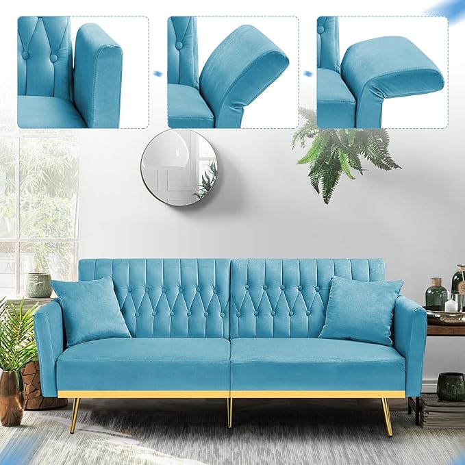 70” Velvet Futon Sofa Bed with 2 Pillows and Adjustable Armrests, Convertible Sleeper Bed W/Adjustable Backrests, Modern Loveseat for Living Room, Bedroom, Baby Blue