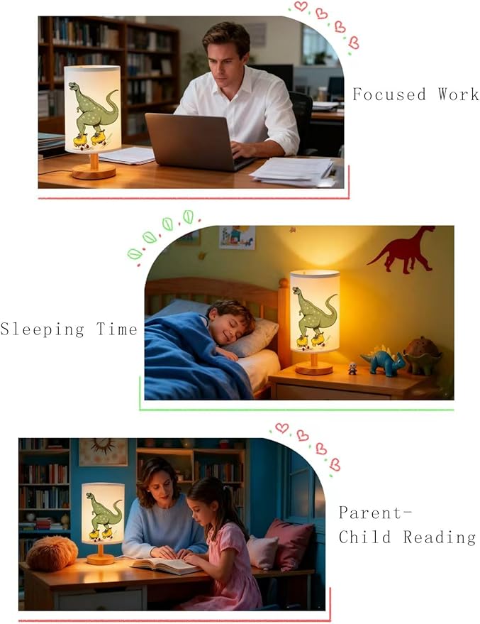 Dinosaur Lamp, Dinosaur Decor Boys Room, 3 Color Night Light Wood Nightstand Desk Base Flaxen Fabric Shade for Bedroom Living Room, Dino Lovers Gifts, LED Bulb Included (Yellow Dinosaur)
