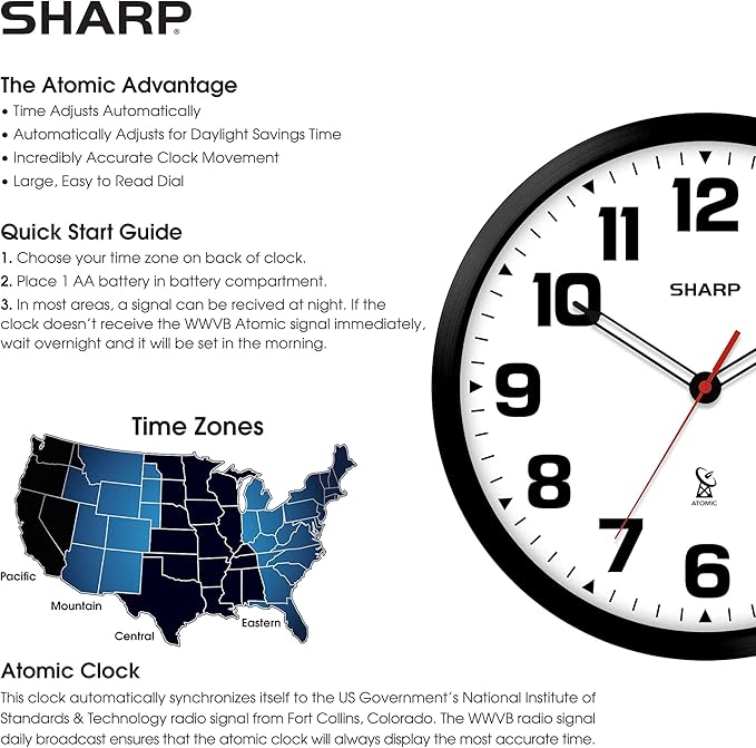 Sharp Atomic Analog Wall Clock - 12" Black Stylish Frame - Sets Automatically- Battery Operated - Easy to Read - Easy to Use – Modern Design and Style