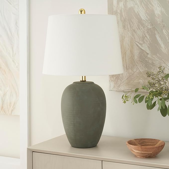 Nourison Home 23" Olive Green Ceramic Pot Table Lamp for Bedroom, Living Room, Dining Office, with White Tapered Drum Shade