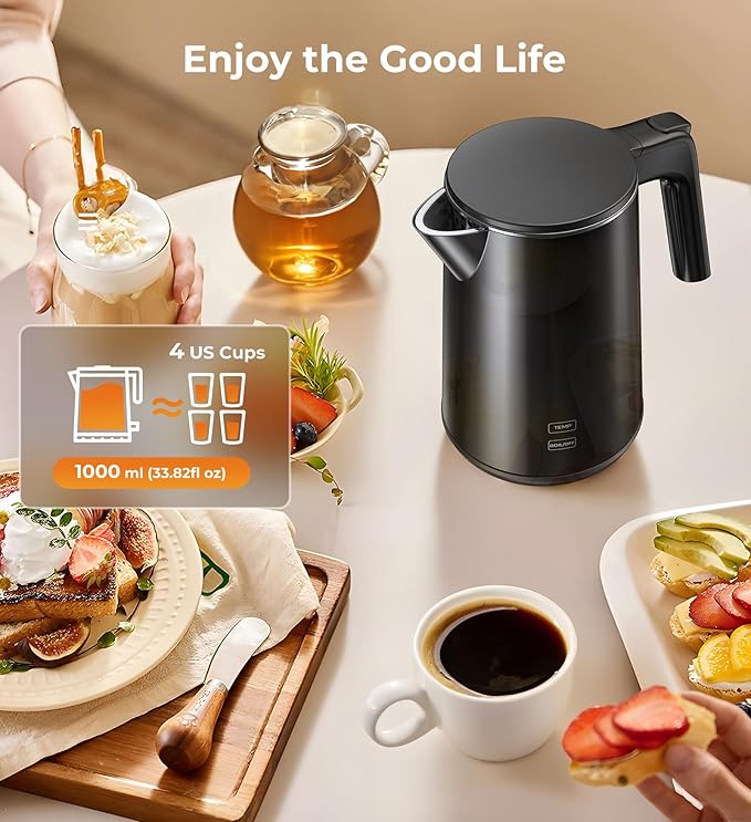Electric Kettle, 1.0L 1200W Fast Heat with Auto Shut-Off, Boil-Dry Proof, 7 Temperature Control Teapot, Double Wall Stainless Steel Water Boiler Heater, 4H Keep Warm, Cool Touch Coffee Tea Pot, Black