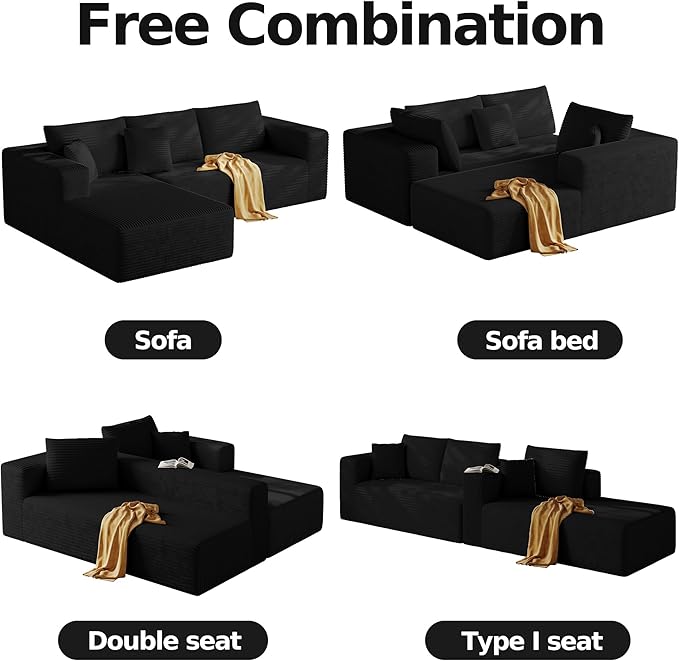 108'' Modular Sectional L-Shaped with Chair,Deep Seat Boneless Corner Couch for Living Room,Plush Corduroy Couch with Detachable Sofa Set,No Assembly(Left Facing Chaise，Black)