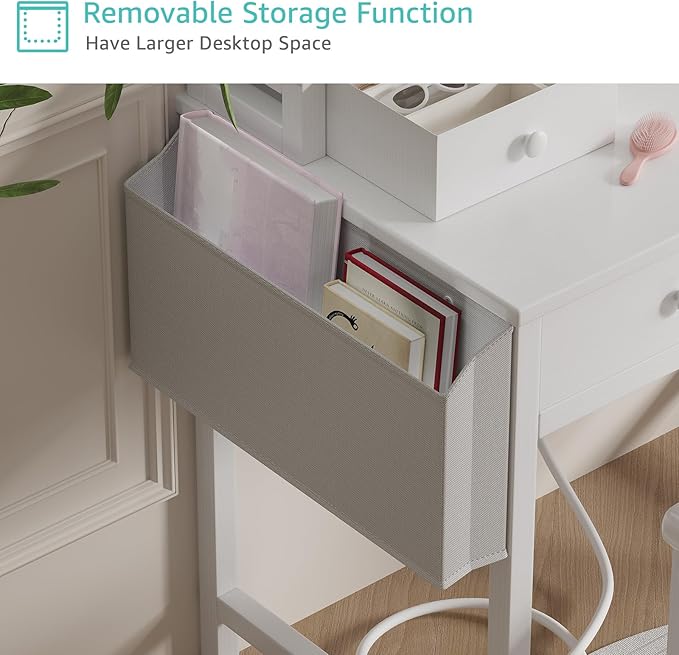 White Makeup Vanity Desk with Mirror and Lights, Vanity Set with Chair, Make Up Dresser Table with Drawers and Power Outlet for Girls Bedroom Small Space