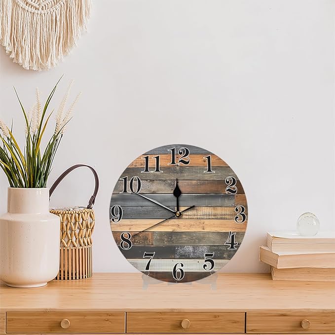 Vintage Coastal Wooden Print Wall Clock Battery Operated 10 in Round Wall Clocks Slilent Non Ticking Quartz Analog Clock for Bedroom Kids Living Room Classroom Decor