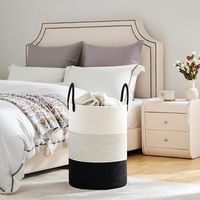 VIPOSCO Large Laundry Hamper, Tall Woven Rope Storage Basket for Blanket, Toys, Dirty Clothes in Living Room, Bathroom, Bedroom - 72L White & Black