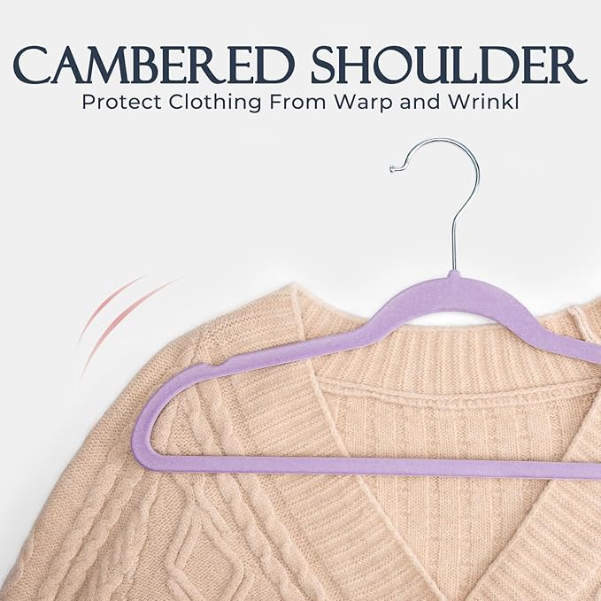 HOUSE DAY Lt-Purple Velvet Hangers 60 Pack, Non Slip Clothes Felt Hanger Heavy Duty for Coat, Premium Slim Space Saving Suit Hangers for Closet Organizer, 360° Rotating Silver Hook