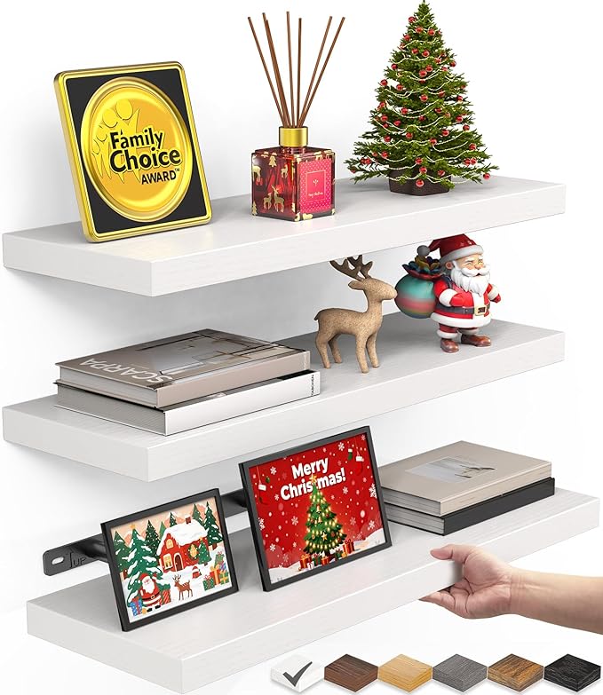 BAYKA White Floating Shelves for Wall – Rustic Wood Wall Shelves with Metal Brackets for Bathroom, Bedroom, Kitchen, or Living Room Decor Organization – Set of 3, Sturdy Storage with 22lb Capacity