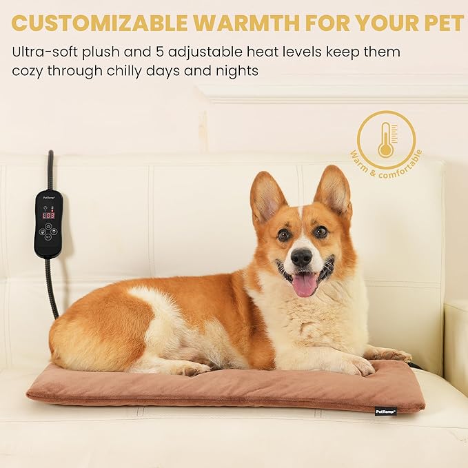 Upgraded Pet Heating Pad, 5 Adjustable Temperature & Timer, Electric Heated Dog Cat Bed for Winter, Auto Power-Off, Waterproof Chew-Resistant (L:26'' x 20'')