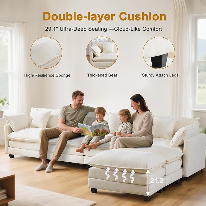 146" Cloud Chenille Sectional Couch 4+2 with Ottomans｜Large Modular Sofa for Spacious Living Rooms｜FSC Solid Wood Frame｜29.1" Deep Seat｜Easy Assembly & 1YR Guarantee
