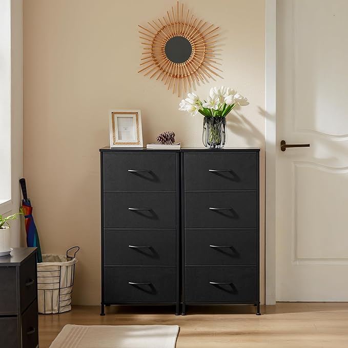 DUMOS Nightstand with 4 Drawers Bedside Table with Removable Fabric Bins Sturdy Steel Frame Wood Top Organizer Furniture for Bedroom Closet Living Room