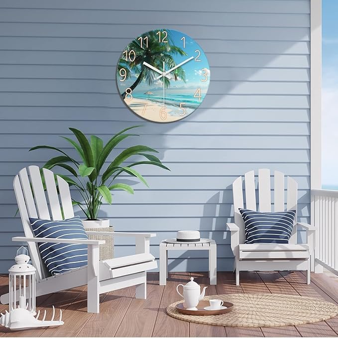 XFM Blue Beach Wall Clock 20 Inch Silent Wall Clocks Battery Operated Coastal Theme Palm Tree Wall Clock Decorative for Living Room Kitchen Bedroom Office