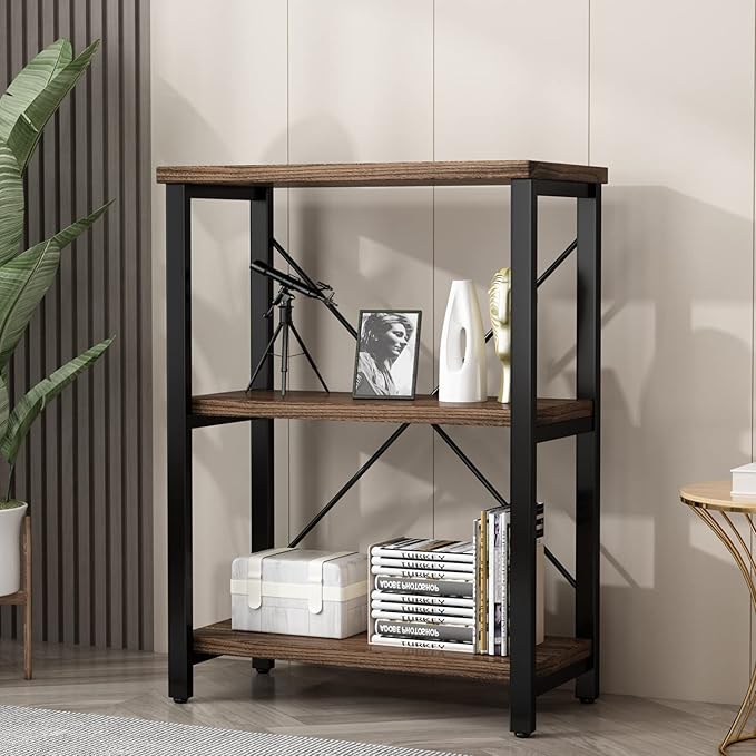 3 Tier Industrial Solid Wood Bookcases, Open Etagere Bookshelf with Metal Frame, Rustic Wood and Metal Shelving Storage Organizer for Living Room Book Shelves Furniture (AY01-3tier)