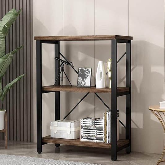 3 Tier Industrial Solid Wood Bookcases, Open Etagere Bookshelf with Metal Frame, Rustic Wood and Metal Shelving Storage Organizer for Living Room Book Shelves Furniture (AY01-3tier)
