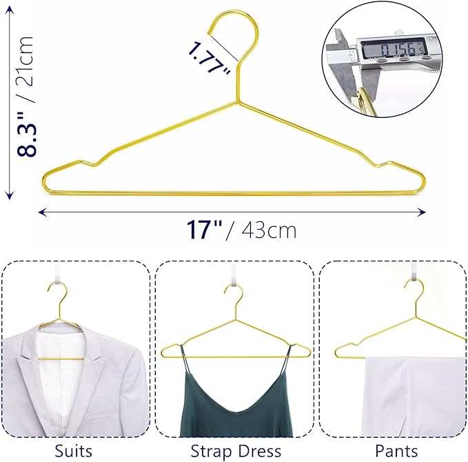 Amber Home 30 Pack 17" Shiny Gold Strong Metal Hanger, Heavy Duty Coat Hangers, Standard Suit Hangers for Jacket, Shirt, Dress