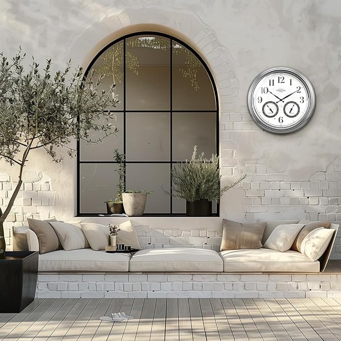 Presentime & Co 18" Illuminated in/Outdoor Atomic Clock with Smart Sensor and Night Light, Waterproof, Large Wall Clock with Thermometer & Hygrometer, for Garden and Patio, Silver.