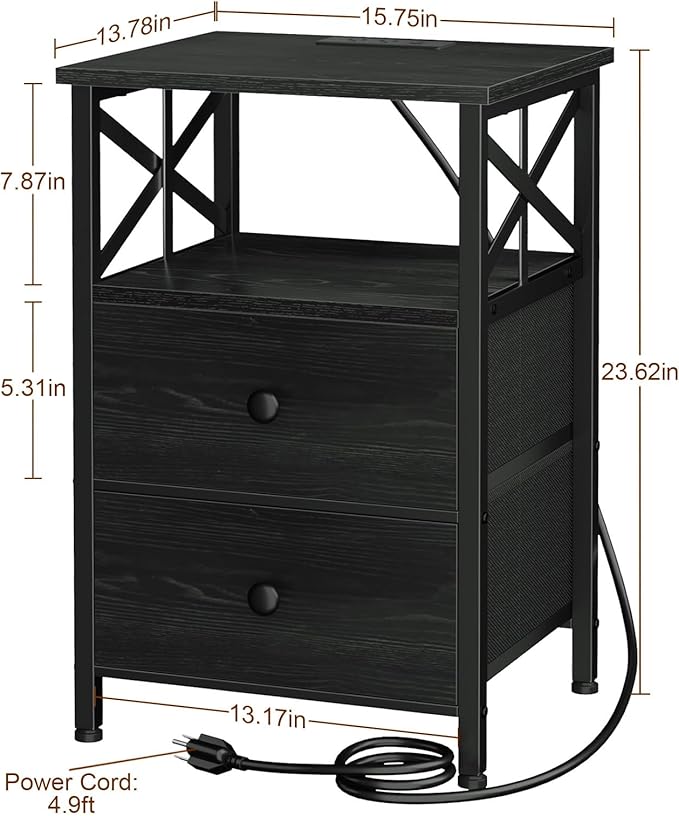 AMHANCIBLE Night Stand Set 2, Black Nightstand with Charging Station, End Tables Living Room with USB Ports and Outlets, Bedside Table with Fabric Drawers for Bedroom, HET05XBK