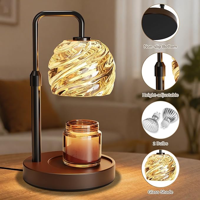 WarmEmbrace Candle Warmer Lamp with Timer for Jar Candles - Dimmable, Height and Brightness Adjustable Electric Wax Warmer Black, 2 Bulbs Included, House Warming Gift & Vintage Home Decor