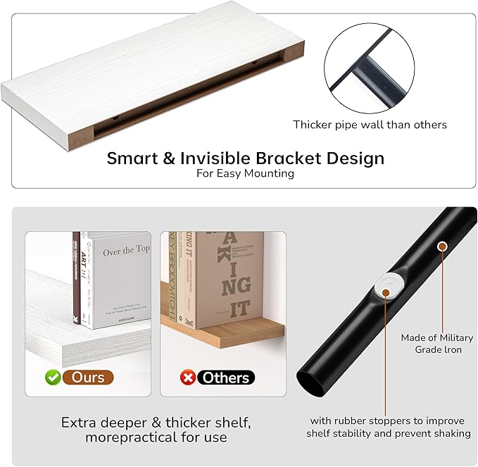 Floating Shelves - 24 Inch Rustic Wooden Wall Shelves - Extra Deeper & Thicker Wall Mounted Storage Shelf for Living Room, Kitchen, Farmhouse - 24" W x 9" D x 1.6"H - Rustic White, 2 Pack