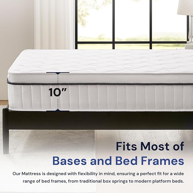 Full Mattress 10 Inch Hybrid Mattress - Medium Firm, Pocket Spring & Foam, White, Full Size - CertiPUR-US Certified