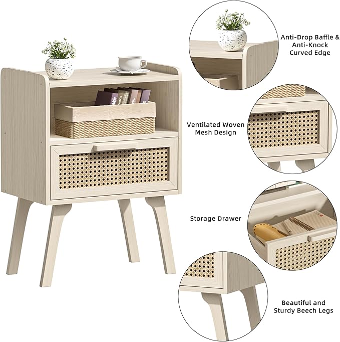 Lerliuo Rattan Nightstand, Side Table with Drawer Open Shelf, Cane Accent Bedside End Table with Solid Wood Legs, Mid Century Modern Night Stand for Bedroom, Dorm and Small Spaces (Grey White)