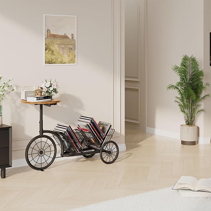 Bike Style End Table, Modern Industrial Side Table with Coffee Bar, Rustic Sofa Table with Vinyl Record Storage, Creative Magazine Holder Organizer for Living Room and Office