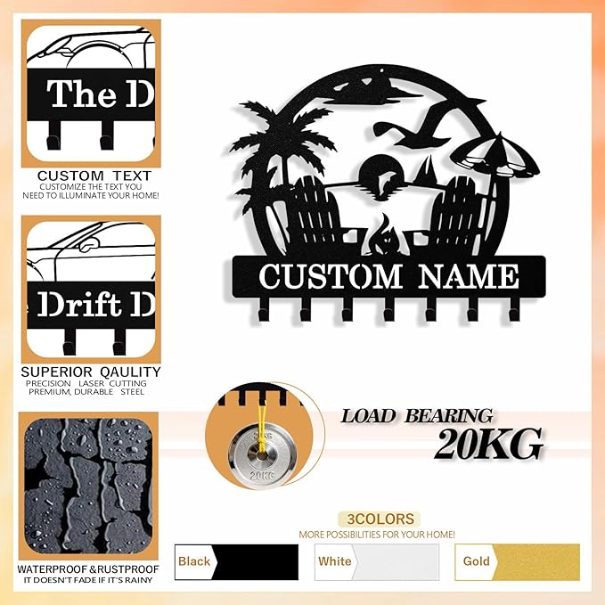 Personalized Beach Key Holder Wall Mount, Custom Metal Keys Hanger for Wall with Name, Custom Key Rack Holder with Hooks for Home, Entryway, Front Door, Living Room, Kitchen, Bathroom