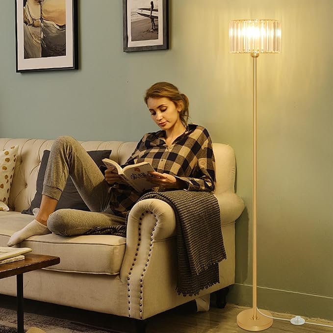 HMVPL Gold Floor Lamp for Living Room, Modern Floor Lamp with K9 Crystal Shade, Brass Standing Lamp with On/Off Switch,Mid Century Tall Lamp Crystal Pole Lamp for Bedroom Corner Office Nursery Reading
