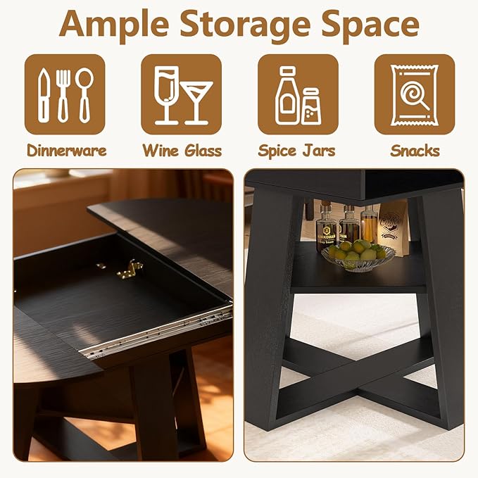 Round Dining Table for 4-8 People, 43.3"-59" Oval Dining Table Space Saving, Expandable Kitchen Table with Smooth Glide Mechanism Modern Design & Wood Base for Small Space (Black)