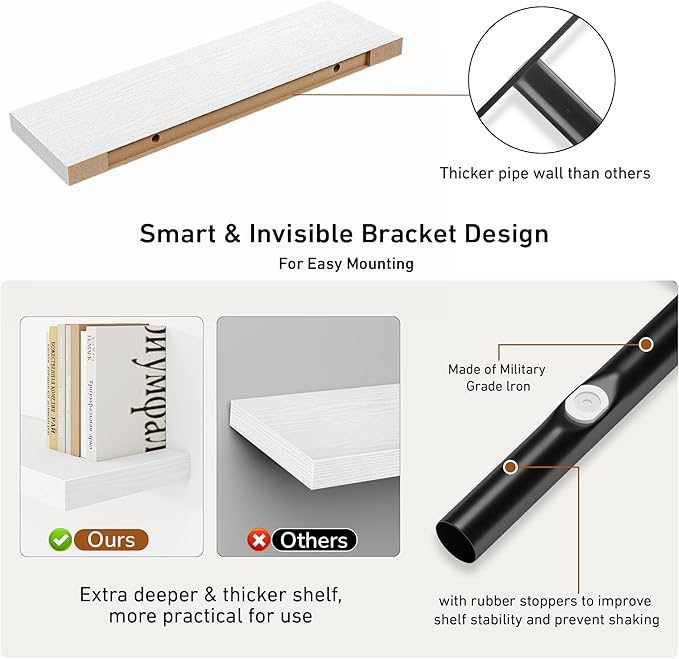 Fun Memories 36 Inch Floating Shelves - Rustic Wooden Wall Shelves - Wall Mounted Storage Shelf with Invisible Brackets - Extra Deeper & Thicker for Living Room, 36" W x 9.3" D x 1.5" H - White