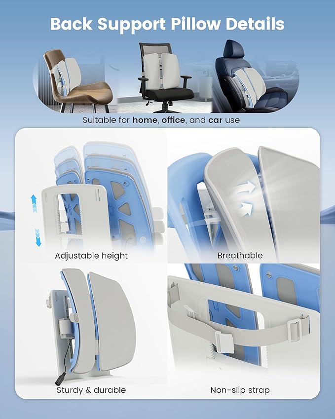 Beleduc Heated Lumbar Support Pillow for Office Chair- Back Support Pillow with Vibration Massage, Ergonomic Back Massager for Chair, Adjustable Height, 2 Heating Levels, Gifts