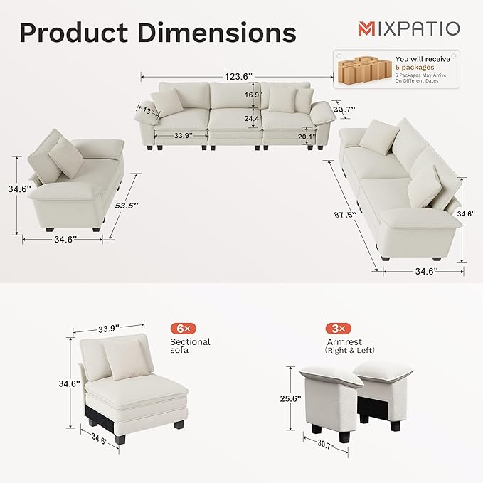 U-Shaped Cloud Modular Sofa Set, Deep Seat 3-Piece 6-Seater Sectional Couch & Removable Arms, Plush Chenille for Living Room - Beige