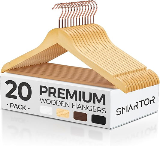 Smartor Wooden Hangers 20 Pack, Solid Wood Coat Hanger for Closet, Heavy Duty Wood Hangers for Suits, Shirts, Dresses, with 360° Rose Gold Hook, Non Slip Pant Bar, Natural