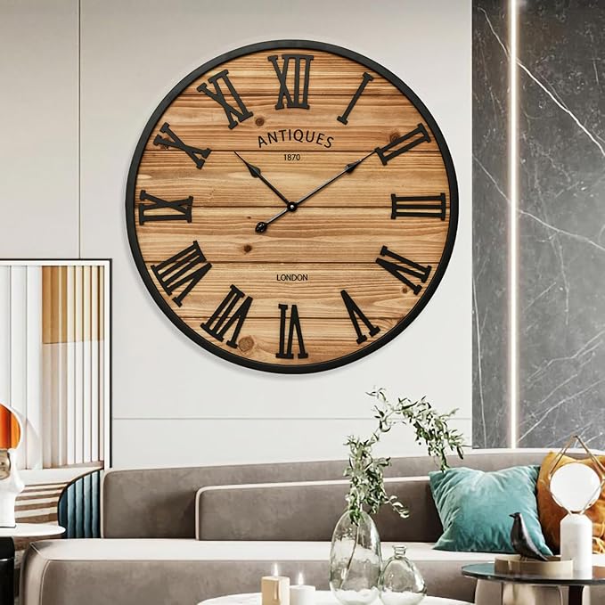 30 Inch Farmhouse Wall Clock - Large Rustic Wood, Silent Sweep, Battery Operated for Living Room Kitchen Office, Brown