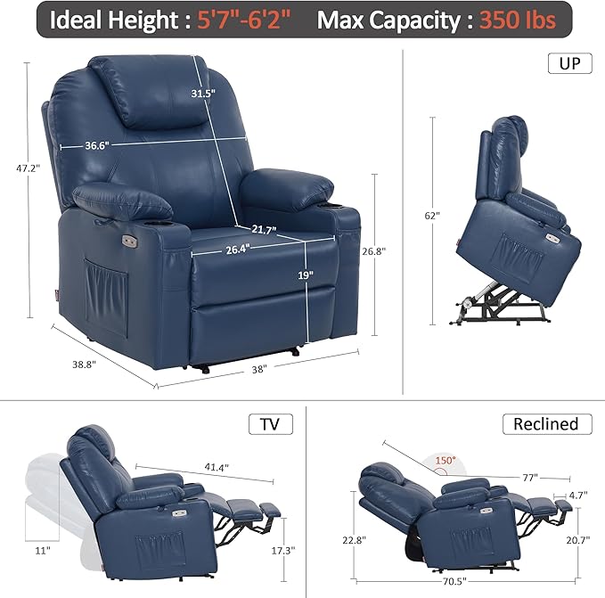 MCombo Oversized Power Lift Recliner Chair for Elderly, Lift Chair with Heat and Massage for Big and Tall, USB&Type C Ports, Cup Holders, Faux Leather R7510 (Blue, Large-Wide)
