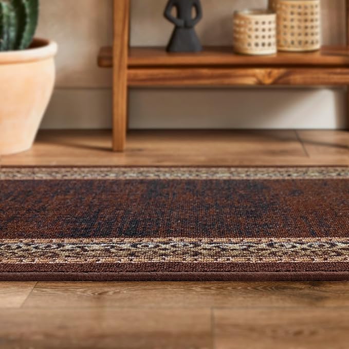Antep Rugs Alfombras Bordered Modern 2x7 Non-Slip (Non-Skid) Low Pile Rubber Backing Indoor Area Runner Rug (Brown, 2' x 7')