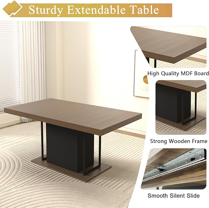 Goujxcy 78.7" Farmhouse Extendable Dining Room Table Set for 4, 5-Piece Rectangle Kitchen Dining Room Table Set with Wood Base and 4 Yellow Velvet Dining Chairs, Extending Kitchen & Dining Table Set