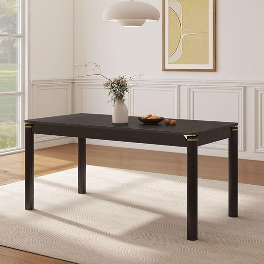 63" Dining Table for 4-6 People, Modern Farmhouse Rectangular Kitchen Table with Solid Wood Legs & Gold Trim, Large Long Dining Room Table for Living Room, Black (Table Only)