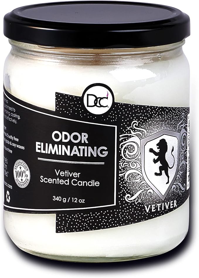 Vetiver Odor Eliminating Highly Fragranced Candle - Eliminates 95% of Pet, Smoke, Food, and Other Smells Quickly - Up to 80 Hour Burn time - 12 Ounce Premium Soy Blend