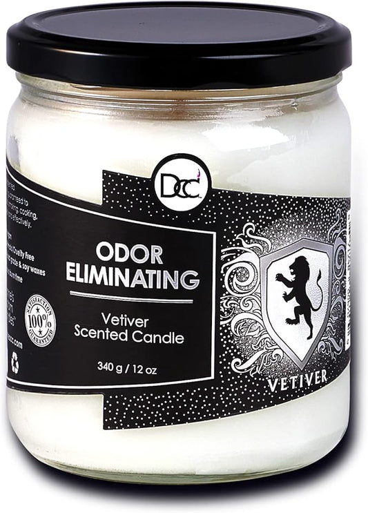 Vetiver Odor Eliminating Highly Fragranced Candle - Eliminates 95% of Pet, Smoke, Food, and Other Smells Quickly - Up to 80 Hour Burn time - 12 Ounce Premium Soy Blend