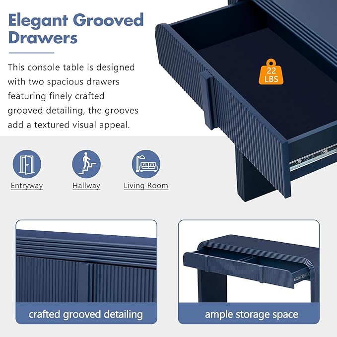 55'' Fluted Console Table with Storage Drawers, Wood Modern Curved Entryway Table with Storage for EntryWay, Hallway, Foyer (Navy Blue)