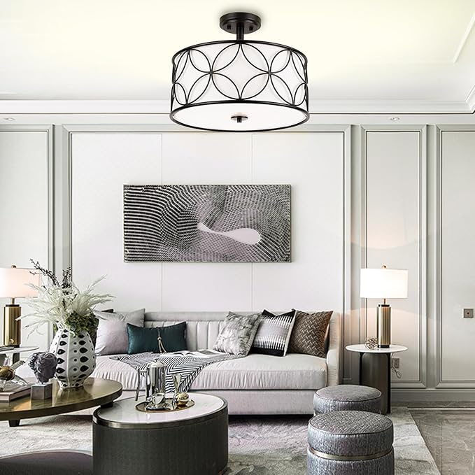 3-Light Semi Flush Mount Ceiling Light, 16" Drum Light with Fabric Shade, Modern Close to Ceiling Lamp for Living Room Bedroom Dining Room Kitchen Hallway Entry Foyer (Black)
