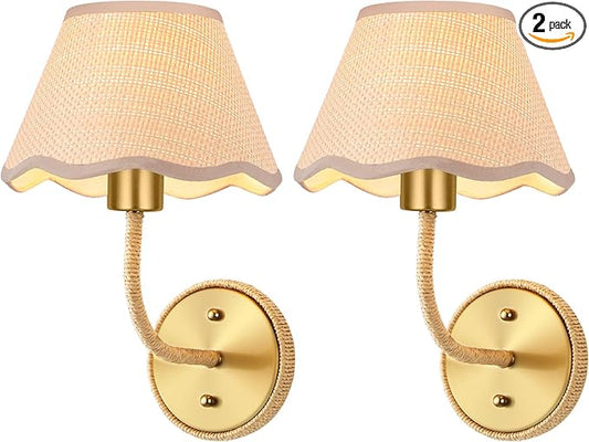 Boho Hand Woven Rattan Wall Sconces Set of Two Gold Rustic Wall Lamp Hardwire Brass Farmhouse Wall Mount Lights for Bedroom Living Room Hallway Vanity