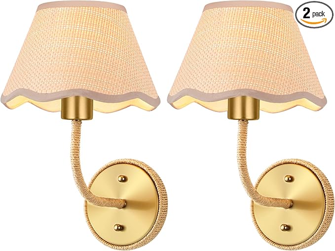 Boho Hand Woven Rattan Wall Sconces Set of Two Gold Rustic Wall Lamp with Grass-Woven Lampshade Hardwire Brass Farmhouse Wall Lights for Bedroom Living Room Hallway Vanity